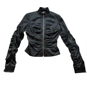Cache Ruched Charcoal Gray Satin Zip Jacket Size 0 | Evening Moto Style